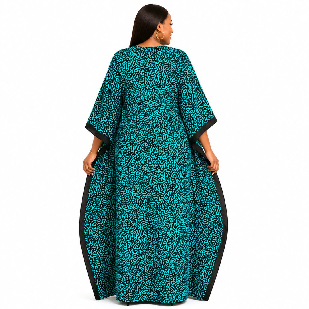 Turquoise and Black Abstract Pattern Kaftan Dress with Matching Headscarf